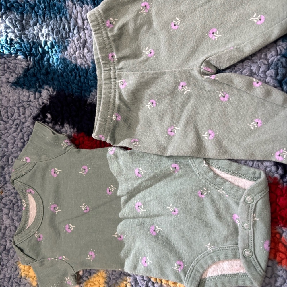 Green Baby Outfit with Purple Floral Print